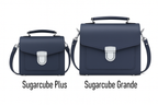 Zatchels Navy Sugarcube handbag size guide view