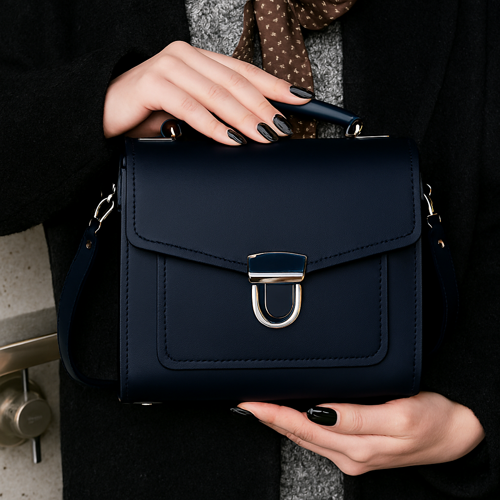 Zatchels Navy Sugarcube handbag model detail view