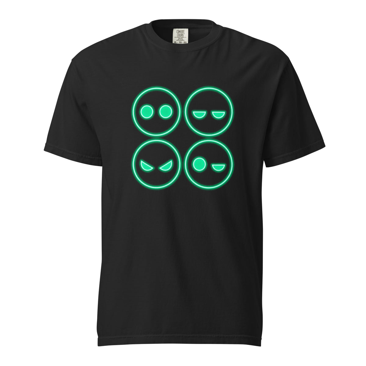 Front view of a black T-shirt with four outlined neon-green emoji faces in a two-by-two grid, showing varied expressions.