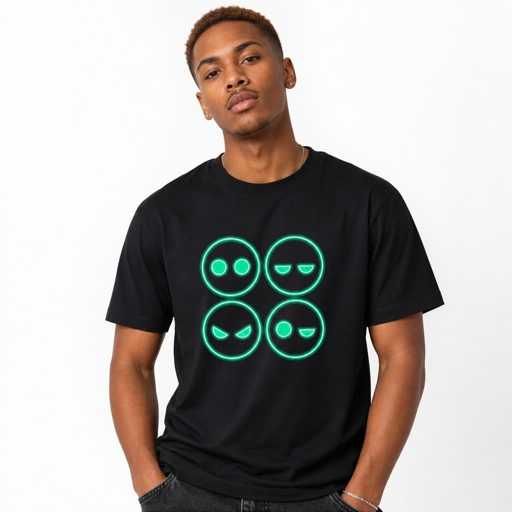Model wearing a black T-shirt with four outlined neon-green emoji faces in a two-by-two grid, showing varied expressions.