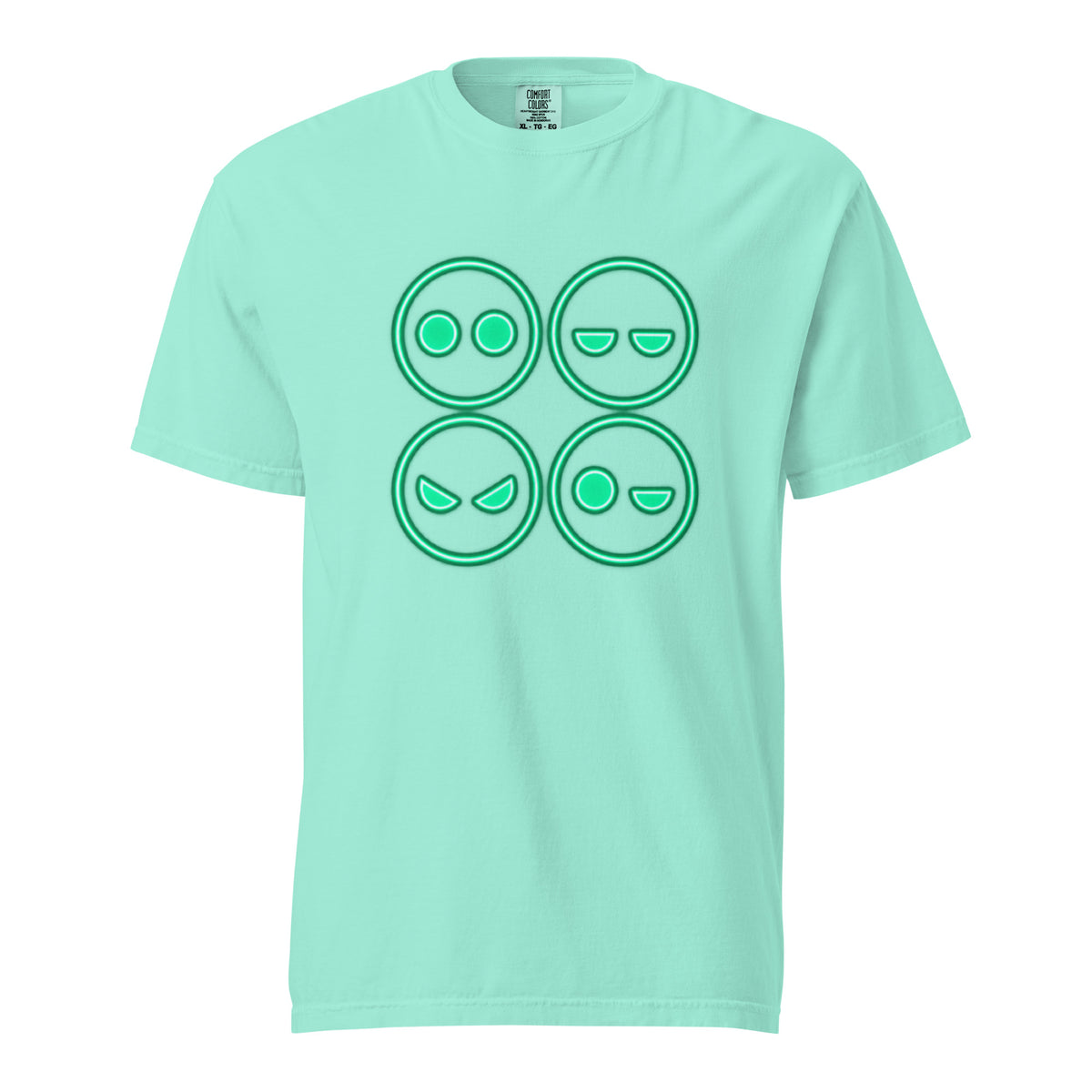 Front view of a Chalky Mint T-shirt with four outlined neon-green emoji faces showing surprised, sleepy, angry, and winking expressions.