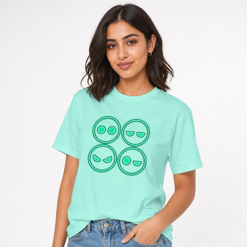 Model wearing a Chalky Mint T-shirt with four outlined neon-green emoji faces showing surprised, sleepy, angry, and winking expressions.