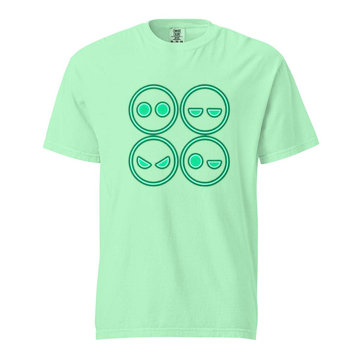 Front view of an Island Reef T-shirt with four outlined neon-green emoji-style faces in a two-by-two grid, showing varied expressions.
