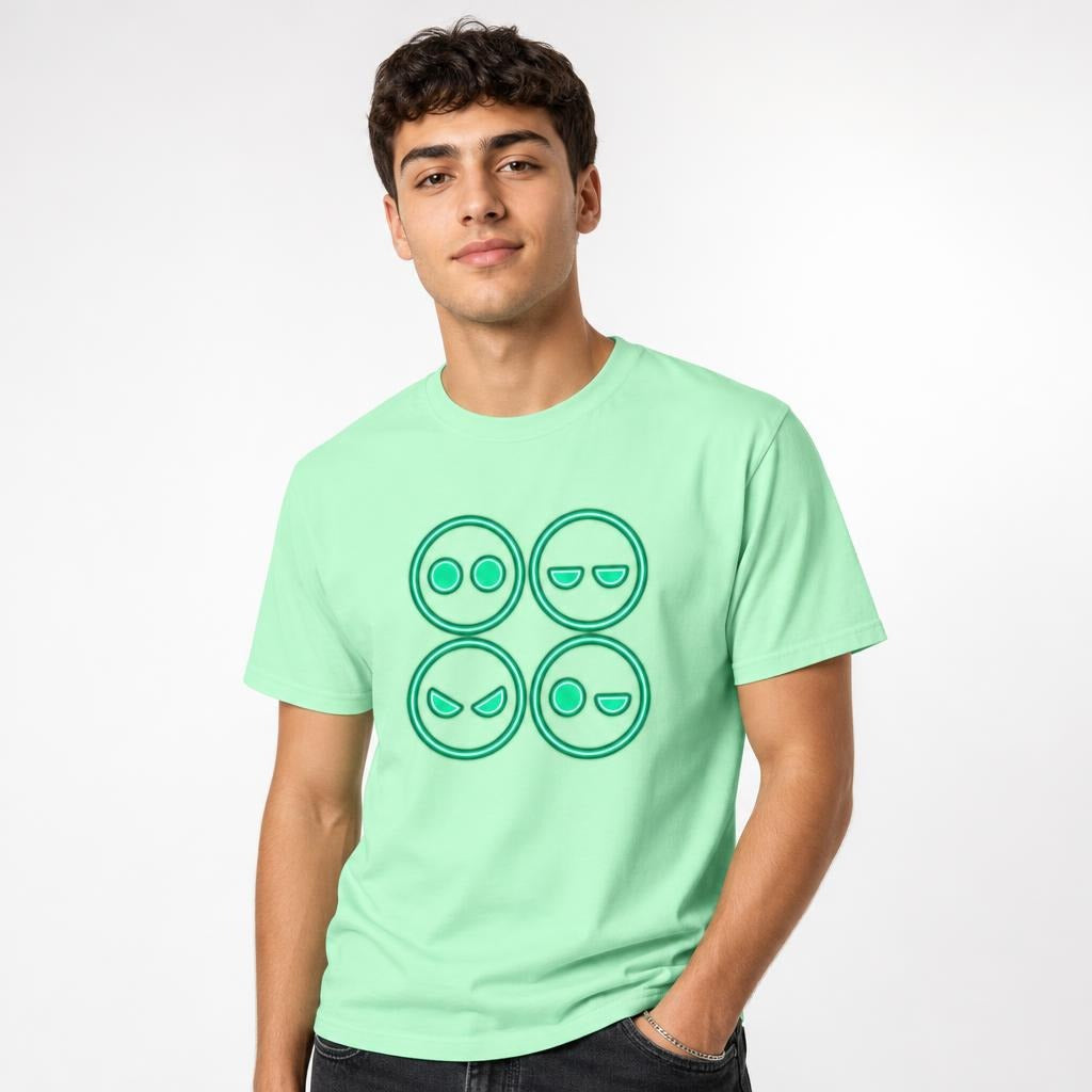 Front view of an Island Reef T-shirt with four outlined neon-green emoji faces showing surprised, sleepy, angry, and winking expressions.