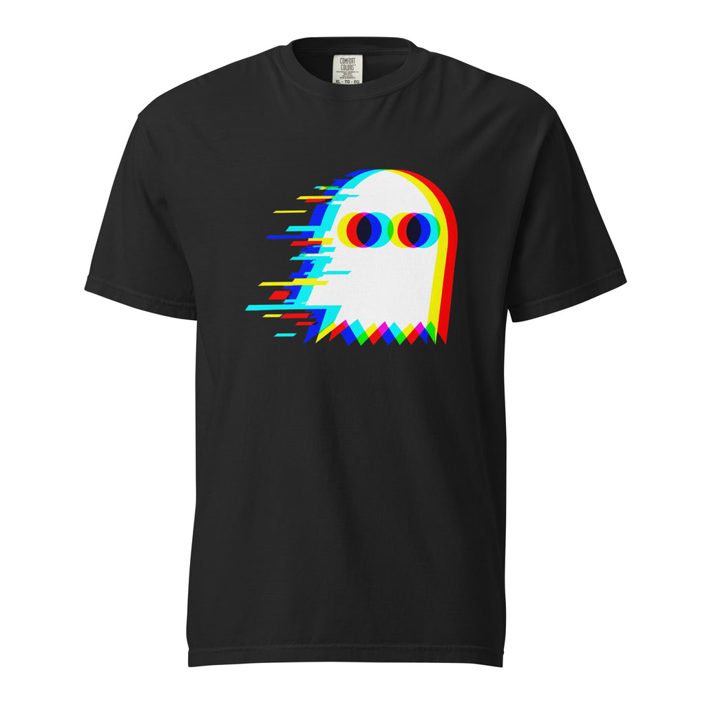 Front view of a black T-shirt featuring a stylised white ghost with large oval eyes and vivid cyan, blue, red, yellow and green glitch accents.