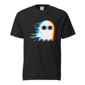 Front view of a black T-shirt featuring a stylised white ghost with large oval eyes and vivid cyan, blue, red, yellow and green glitch accents.