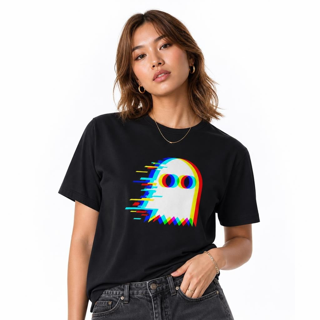Front-view model wearing a black T-shirt with a stylised white ghost, vivid multicolour offset layers, and horizontal glitch fragments.