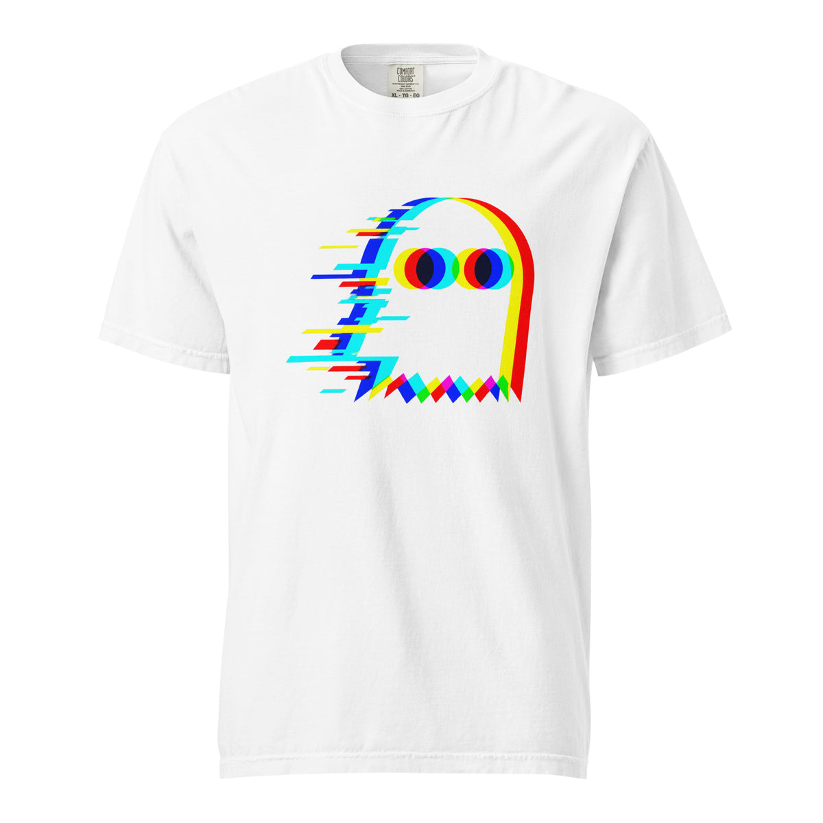 Front view of a white T-shirt featuring a stylised glitch ghost with large oval eyes and vivid multicolour offset layers.