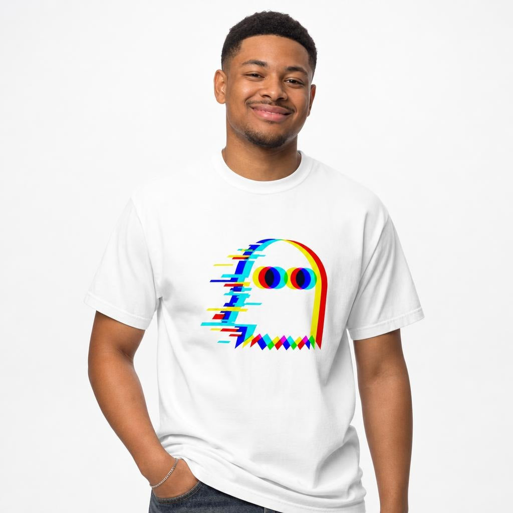 Model wearing a white T-shirt with a stylized ghost in vivid cyan, blue, red, yellow and green glitch layers.
