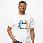 Model wearing a white T-shirt with a stylized ghost in vivid cyan, blue, red, yellow and green glitch layers.