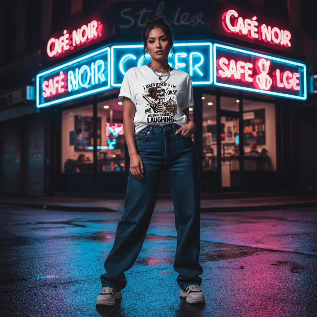 Model wearing a white t-shirt in a neon-lit street at night with dramatic lighting and reflections.