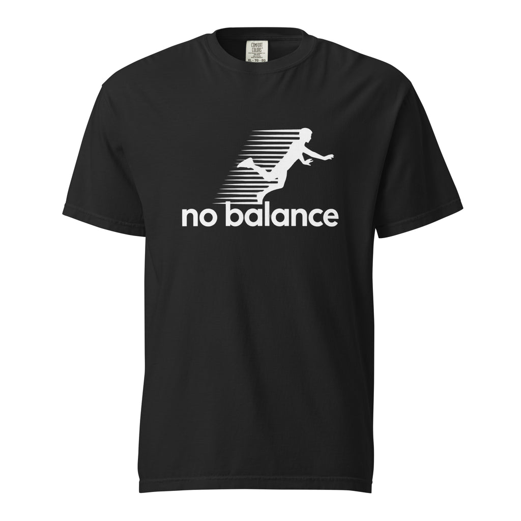 Black t shirt featuring White artwork featuring a stylised running figure formed with horizontal speed lines above the lowercase slogan “no balance”, front view