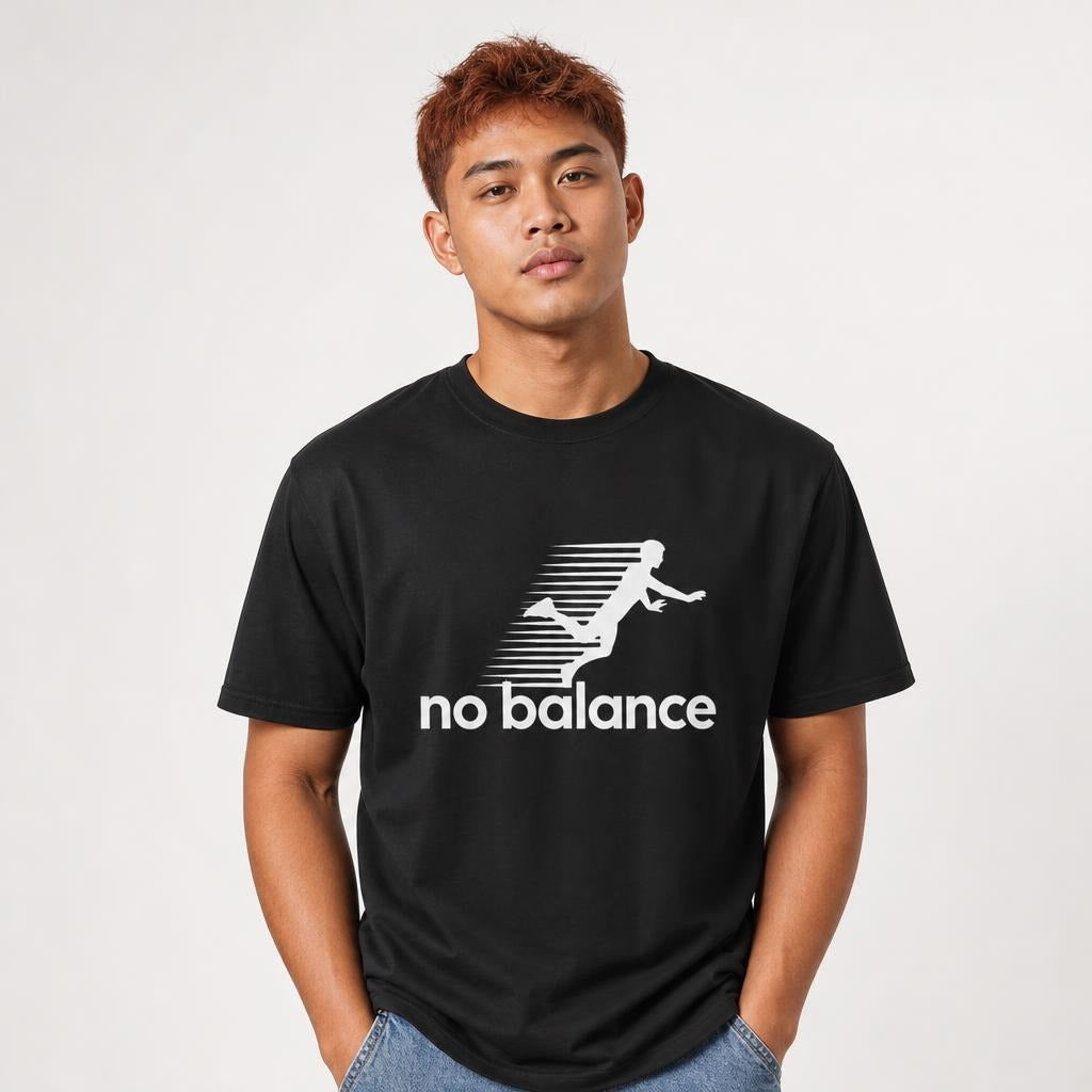 Front view of a person wearing a black T-shirt with white artwork of a stylised runner formed by speed lines above “no balance”.