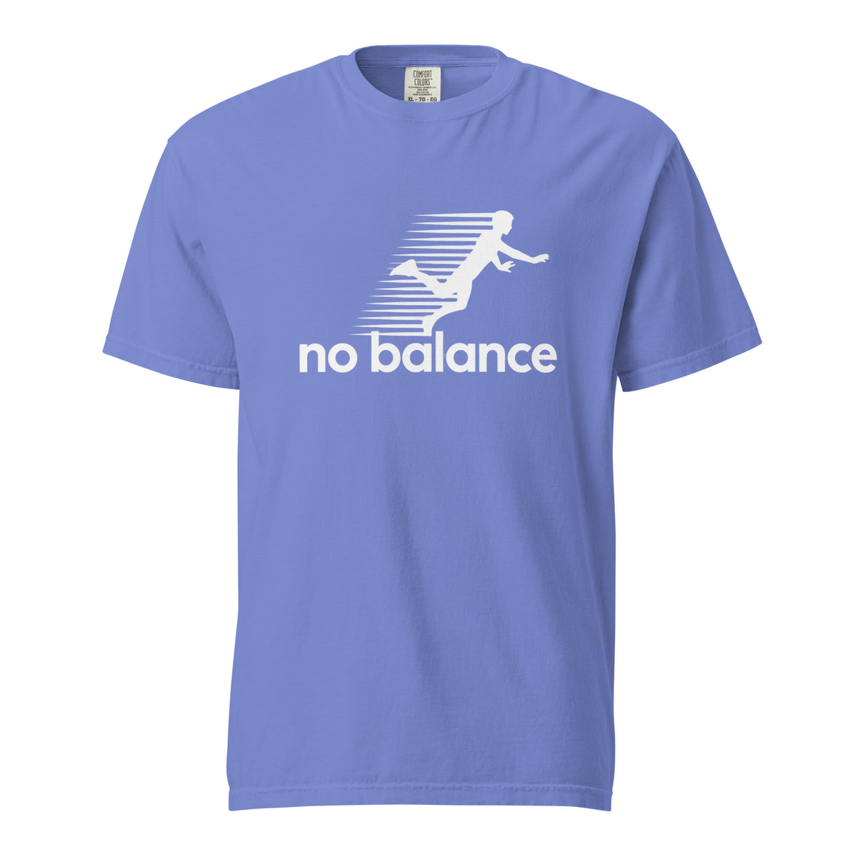 Flo Blue t shirt featuring White artwork featuring a stylised running figure formed with horizontal speed lines above the lowercase slogan “no balance”, front view