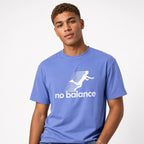 Model wearing a Flo Blue T-shirt with white artwork of a stylised runner formed by horizontal speed lines above “no balance”.