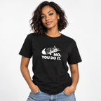 Model wearing a Black T-Shirt with a sleeping grey tabby cat draped over a white swoosh-shaped motif above “NO. YOU DO IT.”