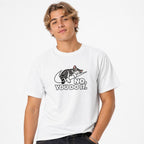Model wearing a White T-Shirt featuring a sleeping grey tabby cat draped over a white swoosh-shaped motif above “NO. YOU DO IT.”