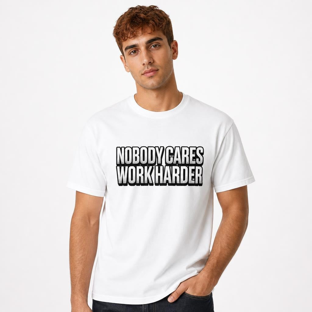 Front view of a model wearing a white T-shirt with bold distressed text reading “NOBODY CARES WORK HARDER,” expressing work-related humour.