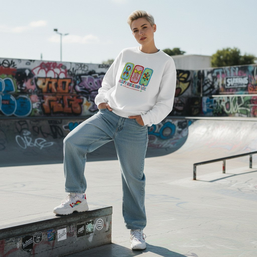 Non-binary person wearing a white autism awareness sweatshirt in a streetwear style.