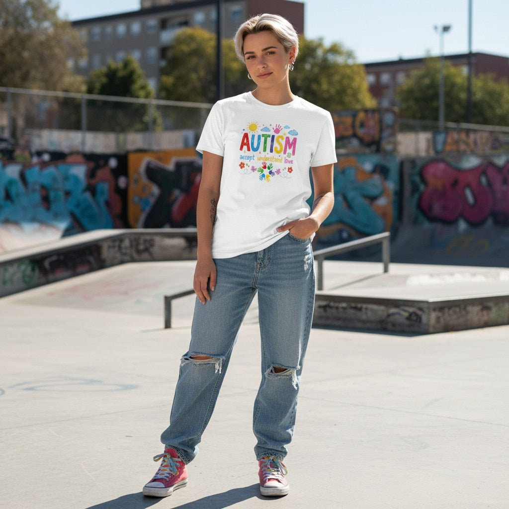 Non-binary person wearing a white autism awareness t-shirt in a streetwear style.