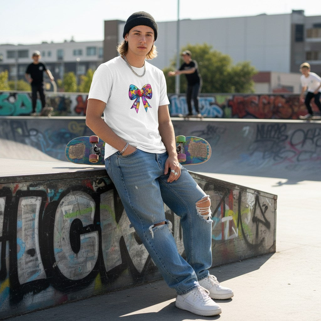 Non-binary person wearing a white autism awareness t-shirt in a streetwear style.