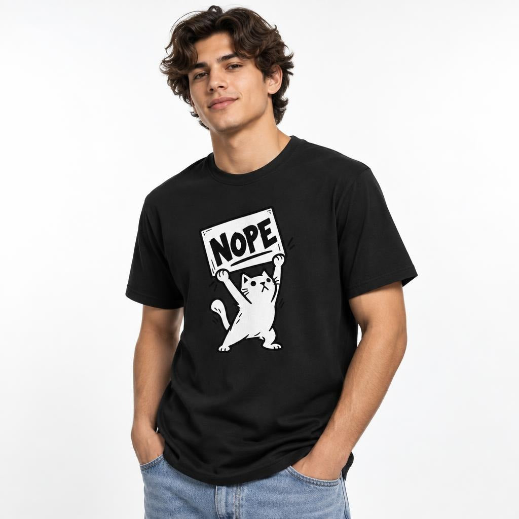 Black T-shirt featuring a black-and-white cartoon cat holding a rectangular sign reading “NOPE,” shown from the front on a model.