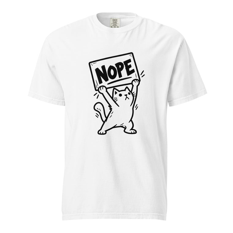 White T-shirt featuring a black-and-white cartoon cat holding a rectangular sign with the bold word “NOPE.”