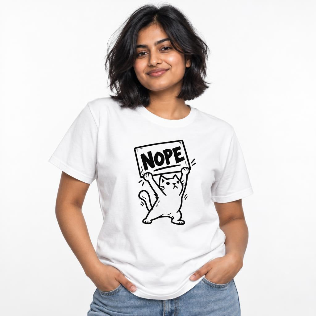Black-and-white cartoon cat holding a rectangular sign reading “NOPE” on a White T-shirt, shown from the front on a model.