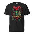 Front view of a black T-shirt featuring an illustrated octopus emerging from a ramen bowl with chopsticks, noodles, and Japanese text.