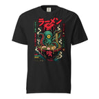 Front view of a black T-shirt featuring an illustrated octopus emerging from a ramen bowl with chopsticks, noodles, and Japanese text.