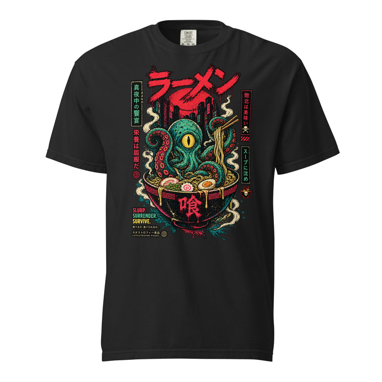 Front view of a black T-shirt featuring an illustrated octopus emerging from a ramen bowl with chopsticks, noodles, and Japanese text.