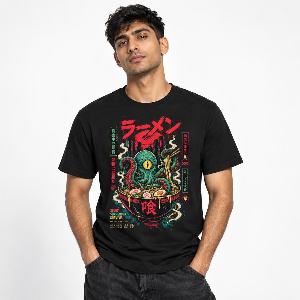 Front view of a model wearing a black T-shirt with an illustrated octopus rising from a ramen bowl and Japanese text.