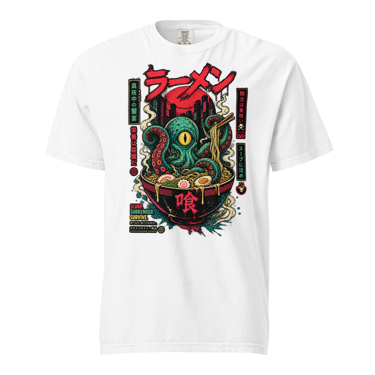 White T-shirt with an illustrated octopus emerging from a ramen bowl, chopsticks, red moon, city skyline, and Japanese text.