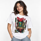 Model wearing a white T-shirt with an illustrated octopus rising from a ramen bowl, Japanese text, noodles, chopsticks, and a red moon.