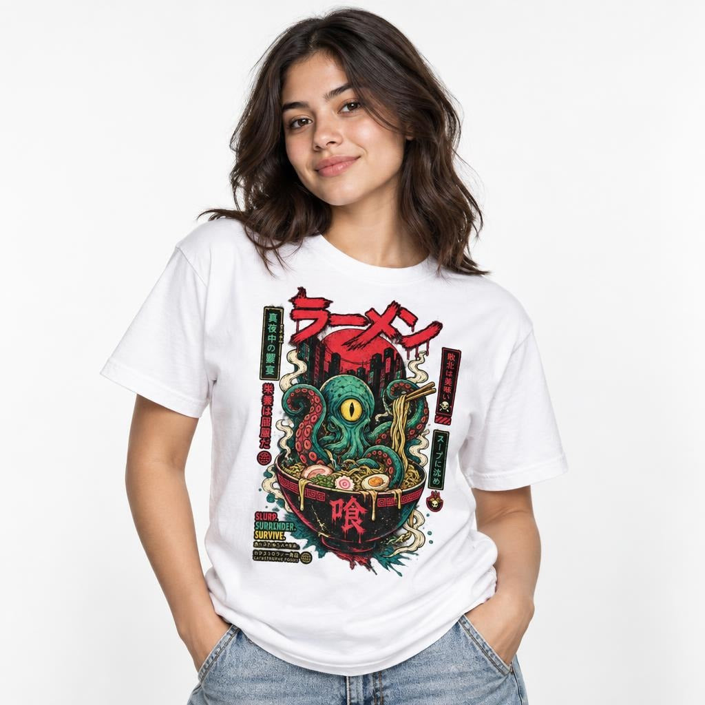 Model wearing a white T-shirt with an illustrated octopus rising from a ramen bowl, Japanese text, noodles, chopsticks, and a red moon.