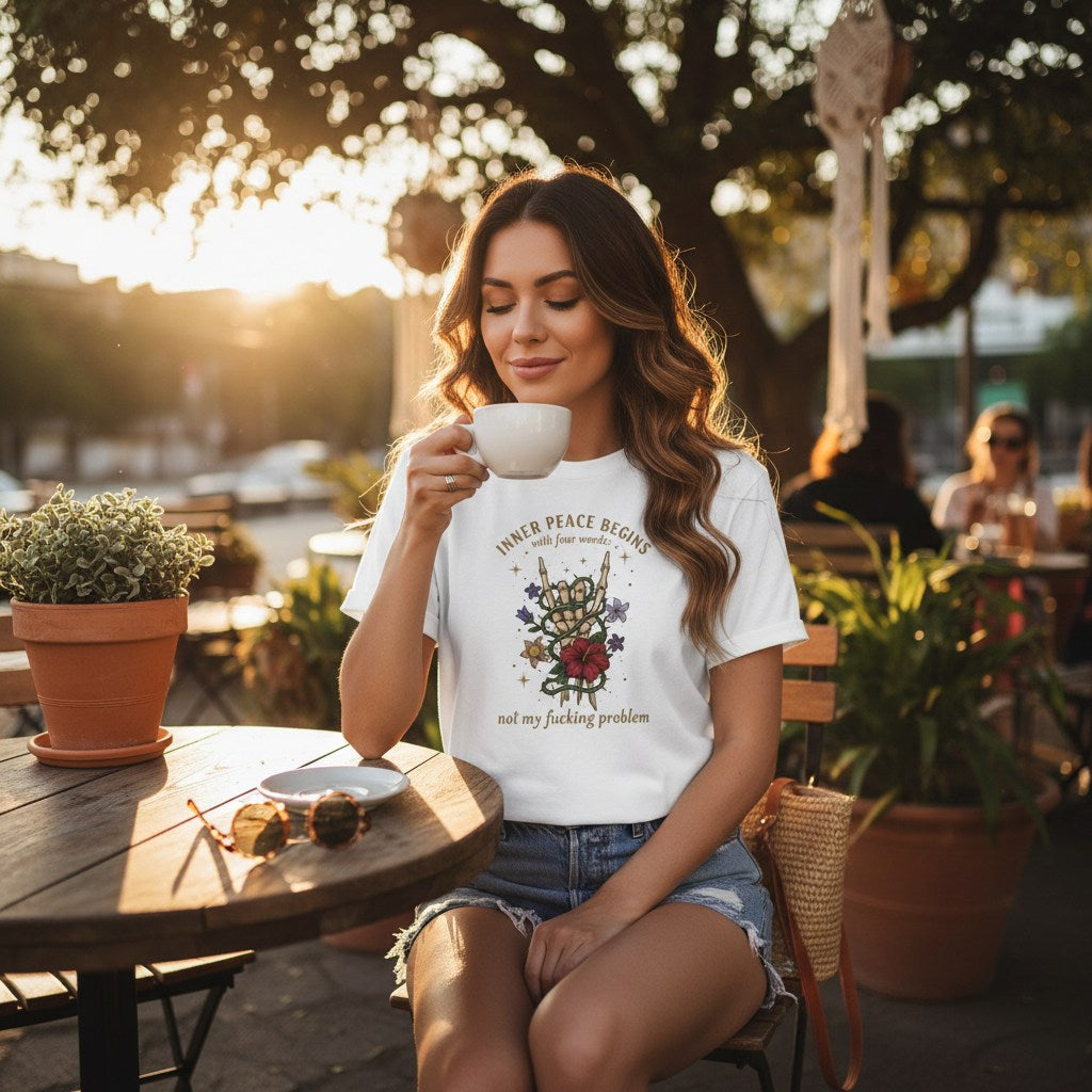 Lifestyle shot of an outdoor cafe with a wooden table and chairs in a cozy setting.