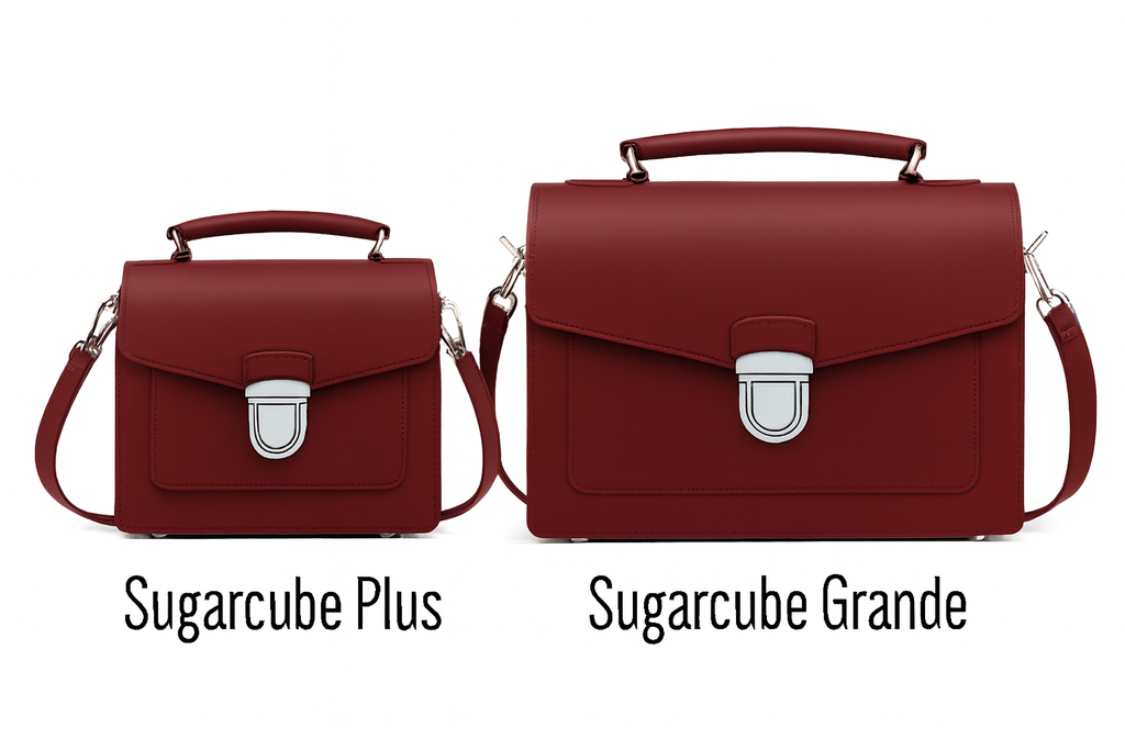 Zatchels Oxblood Sugarcube handbag size guide view