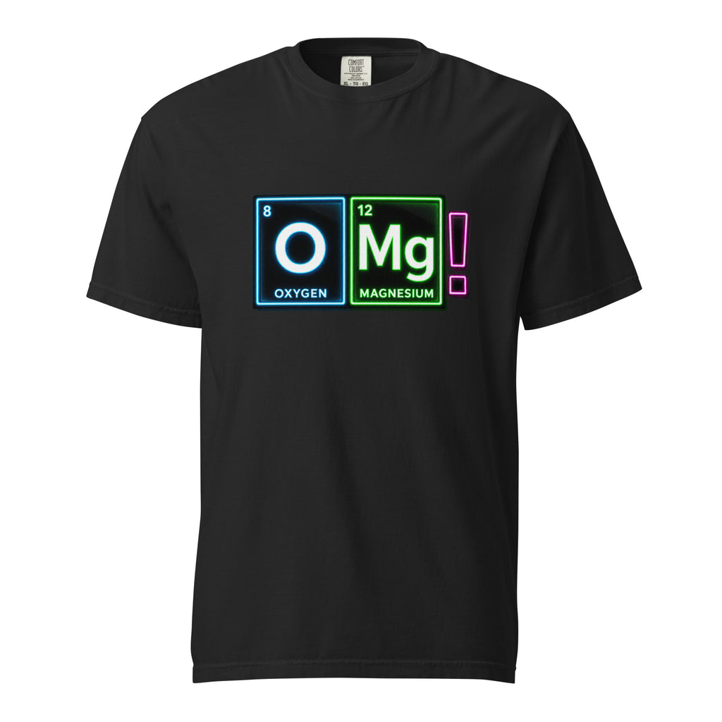 Front view of a black T-shirt featuring neon-style periodic table tiles for oxygen and magnesium followed by a pink exclamation mark spelling “OMG!”