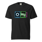 Front view of a black T-shirt featuring neon-style periodic table tiles for oxygen and magnesium followed by a pink exclamation mark spelling “OMG!”