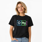 Front view of a black T-shirt featuring neon-style periodic table tiles for oxygen and magnesium followed by a pink exclamation mark.