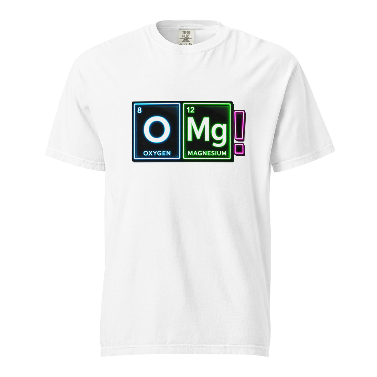 Front view of a white T-shirt featuring oxygen and magnesium periodic-table tiles followed by a pink exclamation mark spelling “OMG!”