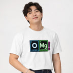 Front view of a person wearing a white T-shirt with oxygen and magnesium periodic-table tiles spelling “OMG!”