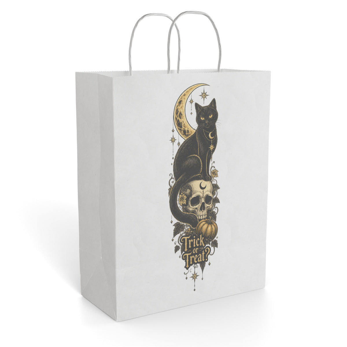 Front view of a white Paper Gift Bag featuring a black cat perched on a skull beneath a crescent moon with “Trick or Treat” lettering.