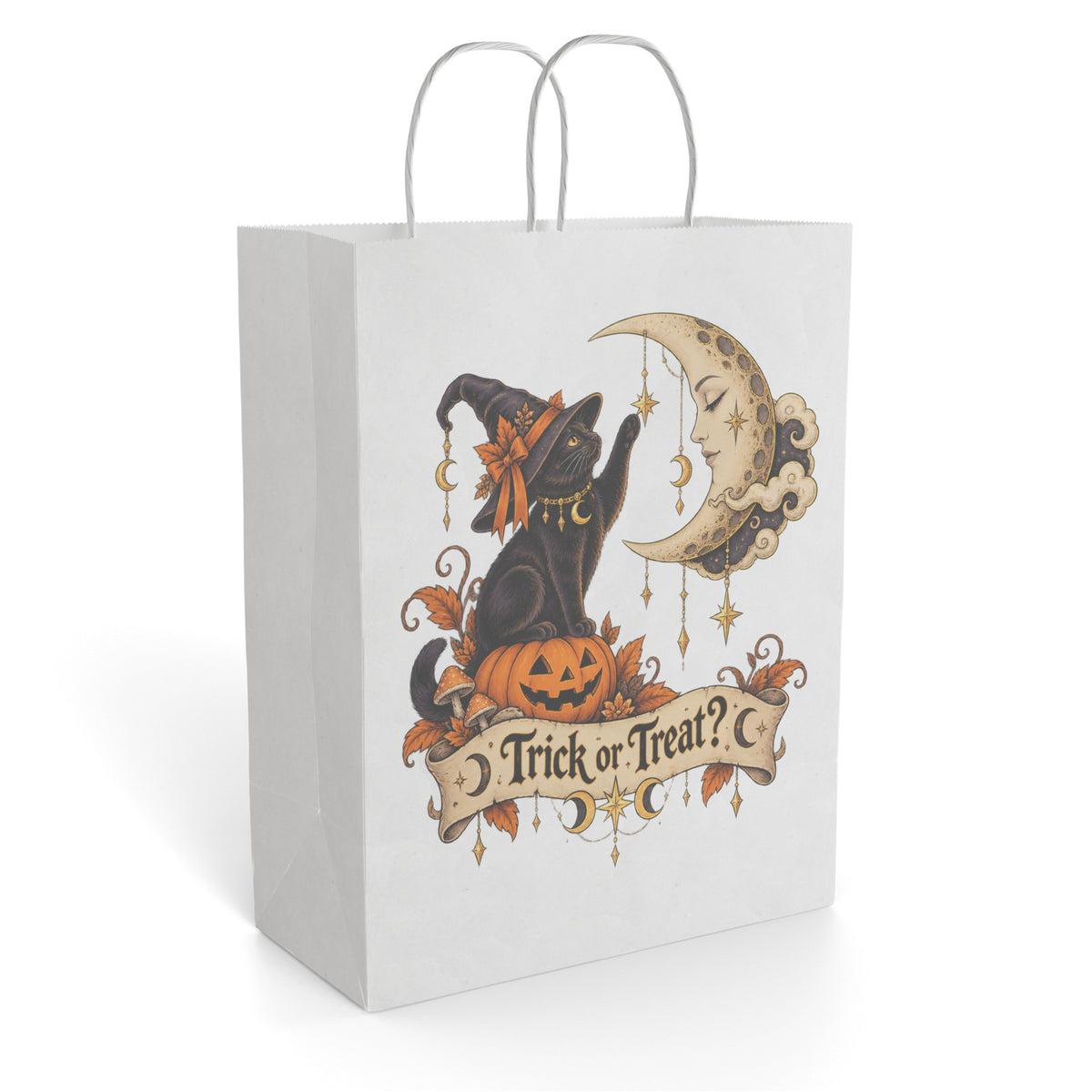 Front of a paper gift bag featuring a black cat in a witch hat, pumpkin, crescent moon, and Trick or Treat banner