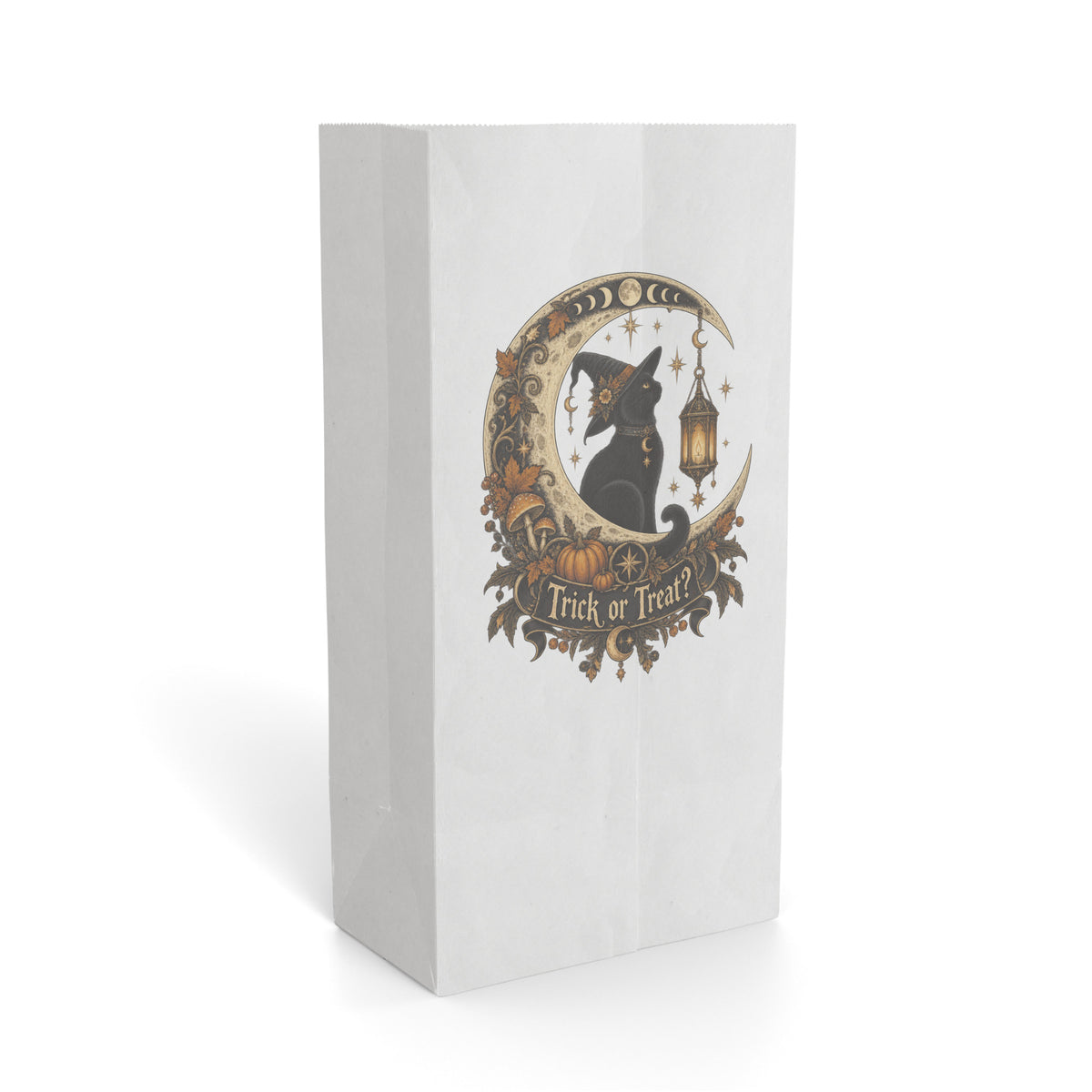 White Paper Gift Bag featuring a black cat beneath a crescent moon with ornate Halloween details and “Trick or Treat” lettering.