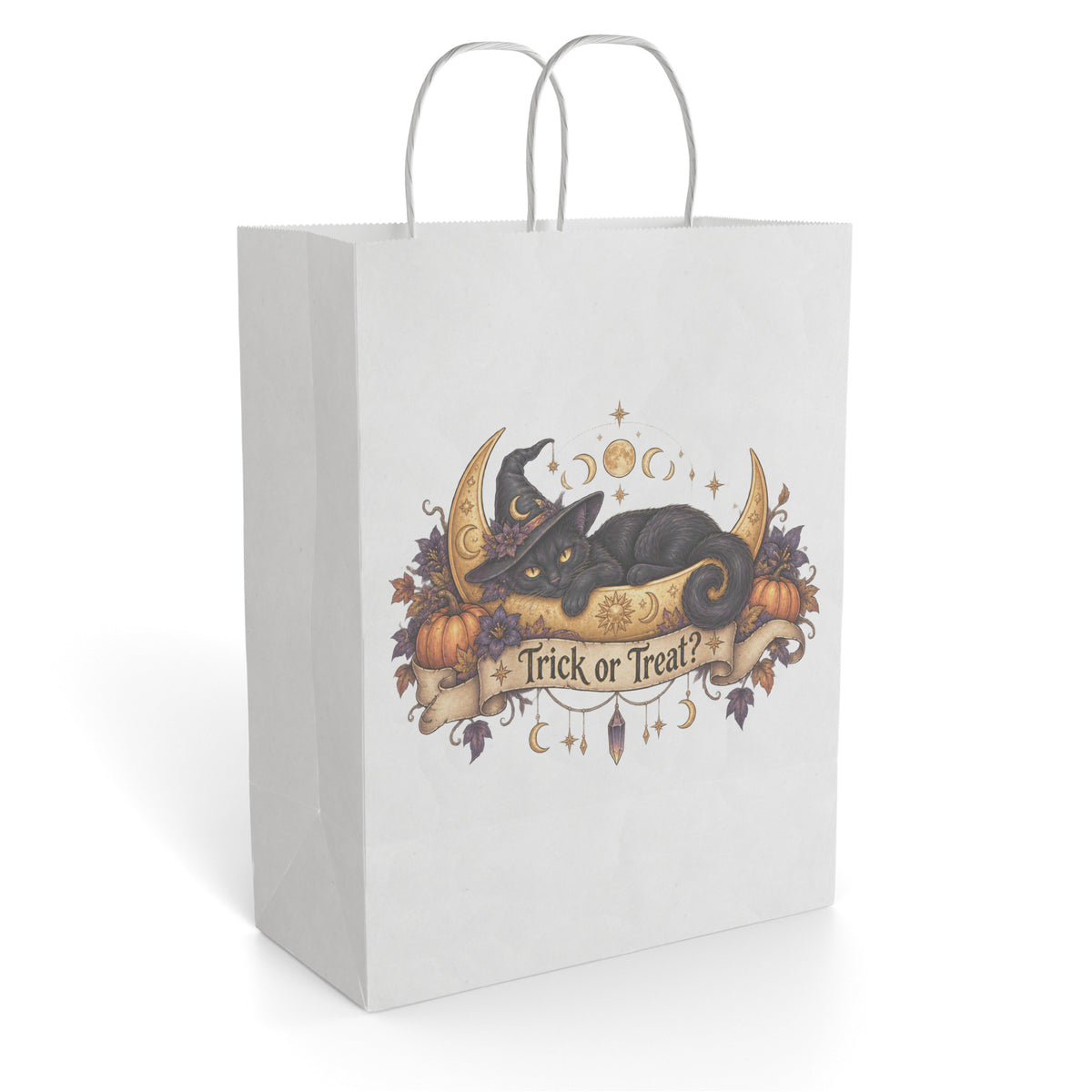 Front view of a white Paper Gift Bag featuring a black cat, pumpkins, autumn leaves, and a Trick or Treat banner.