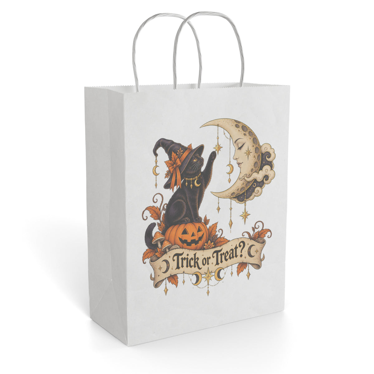 Paper gift bag featuring a black cat in a witch hat beside a crescent moon, pumpkin, and Trick or Treat banner.