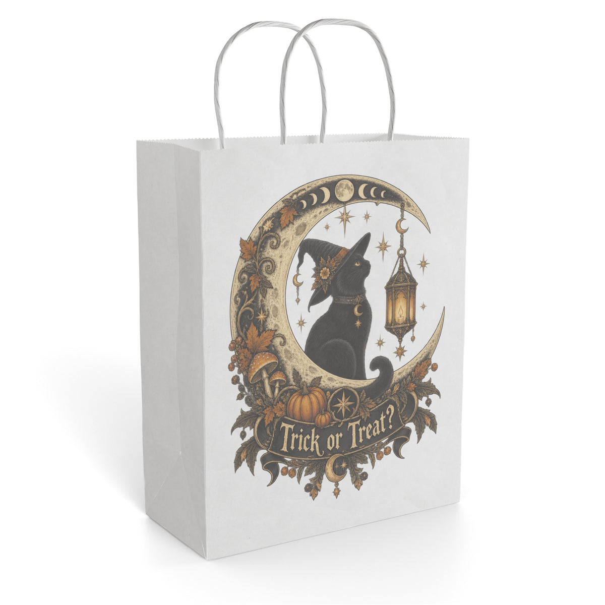 White paper gift bag featuring a black cat in a witch hat within an ornate Halloween frame with a Trick or Treat banner.