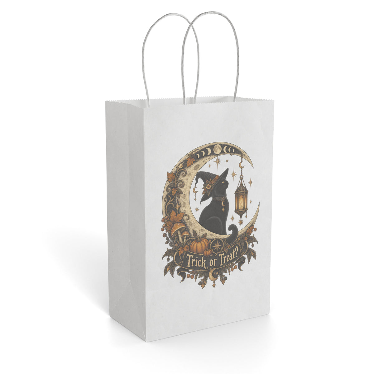 White paper gift bag featuring an ornate Halloween illustration of a black cat, pumpkins, a lantern, and “Trick or Treat” lettering.