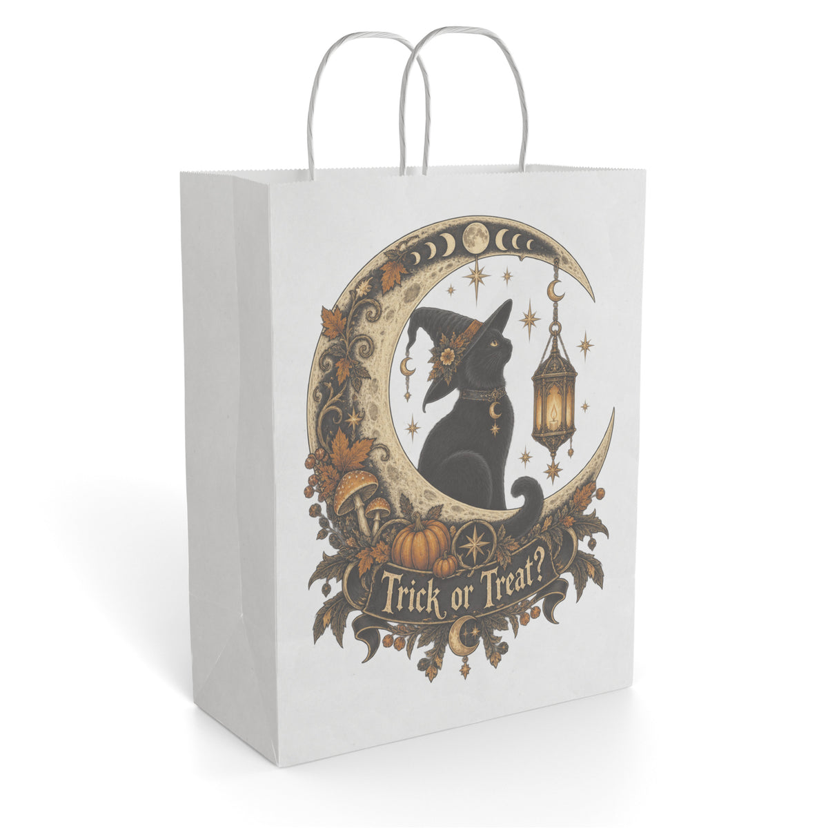 Front view of a Paper Gift Bag featuring a black cat inside a crescent moon with pumpkins, stars, and “Trick or Treat!” lettering.